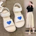 Heart Print Ankle-strap Adhesive Tab Flat Sandals