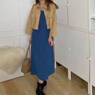 Cropped Button-up Jacket / Spaghetti Strap Plaid Midi Dress