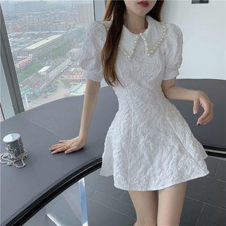 Puff-sleeve Faux Pearl Shirred A-line Dress