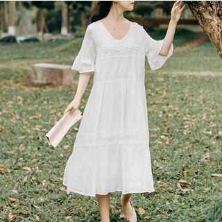 Elbow-sleeve Perforated A-line Midi Dress
