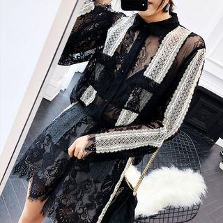 Set: Long-sleeve Lace Blouse + Lace Shorts