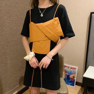 Set: Short Sleeve Plain T-shirt Dress + Sleeveless Top