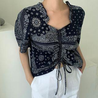 Frilled-neck Drawstring-front Paisley T-shirt