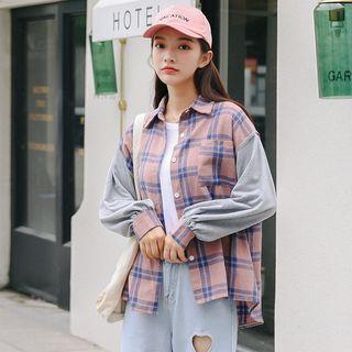 Long-sleeve Paneled Plaid Shirt Plaid - Pink - One Size