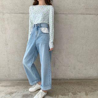 Plain Short-sleeve T-shirt / Moon Patterned Long-sleeve Top