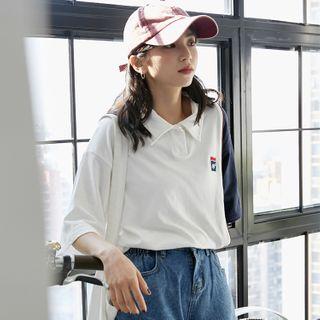 Elbow-sleeve Two-tone Logo Polo Shirt As Shown In Figure - One Size