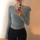 Long-sleeve Cut-out Crop T-shirt Blue - One Size