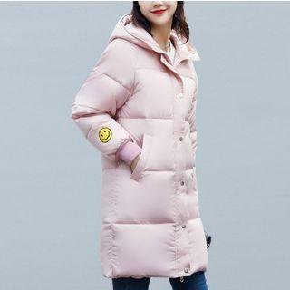 Smiley Face Embroidered Hooded Padded Long Coat