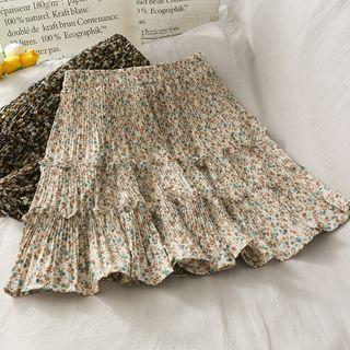 High-waist Pleated Floral Mini Skirt