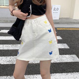 Butterfly Embroidered A-line Denim Skirt