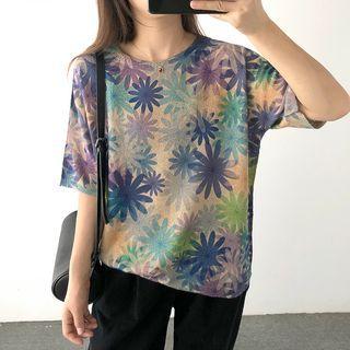 Short-sleeve Floral Knit Top Blue Floral - Beige - One Size