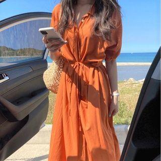 Short-sleeve Midi A-line Shirt Dress Tangerine - One Size