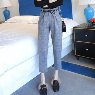 High-waist Drawstring Plaid Woolen Cropped Pants