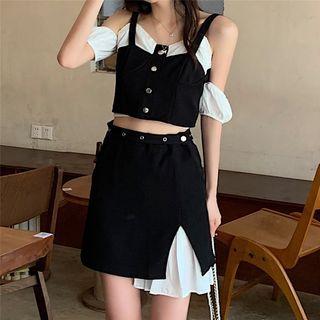 Off-shoulder Mock Two-piece Cropped Top / Asymmetrical Mini Skirt