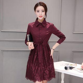 Long Sleeve Lace Panel Shirtdress