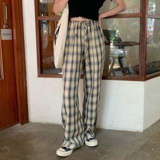 Plaid Wide-leg Pants Plaid - Blue - One Size