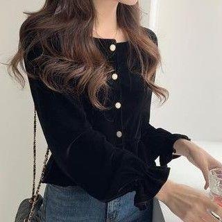 Long-sleeve Button-up Velvet Blouse