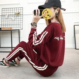 Set: Lettering Striped Pullover + Jogger Pants
