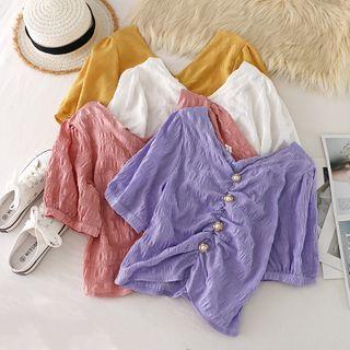 V Collar Pearl Button Puff-sleeved Top