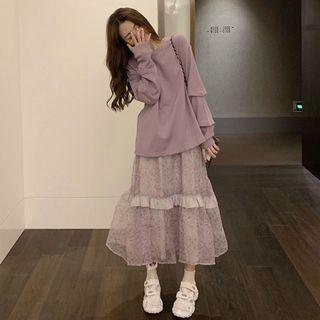 Set: Sweatshirt + Floral Print Maxi Layered Skirt