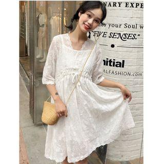Set: Embroidered Elbow-sleeve A-line Chiffon Dress + Slipdress