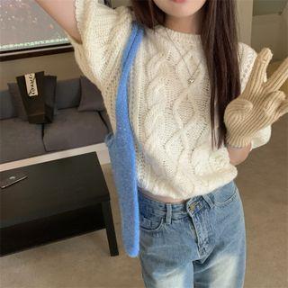Puff-sleeve Cable Knit Top White - One Size