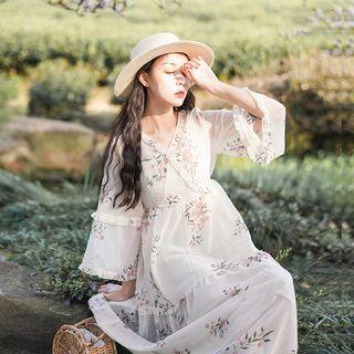 Flower Print Wide-sleeve A-line Chiffon Dress