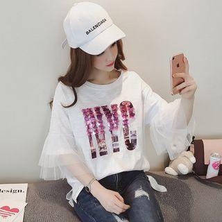 3/4-sleeve Mesh-panel Sequined Top