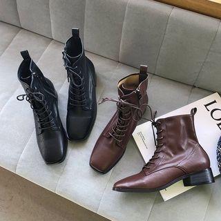 Square-toe Lace Up Block Heel Short Boots