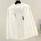 Cartoon Embroidered Ruffled Blouse White - One Size