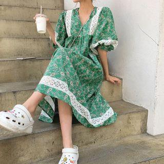 Puff-sleeve Lace-trim Floral Print Dress