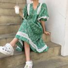 Puff-sleeve Lace-trim Floral Print Dress