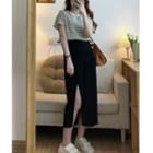 Short-sleeve Striped T-shirt / Slit Midi Pencil Skirt / Set