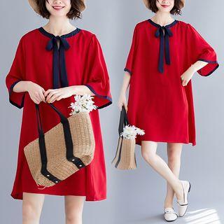 Contrast Trim Elbow-sleeve Dress