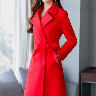 Set: Double Breasted Coat + Long-sleeve A-line Dress