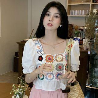Puff-sleeve Square Neck Flower Embroidered Flowy Blouse
