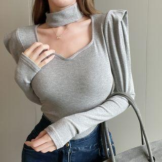 Puff-shoulder Square-neck Plain Top