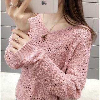 Long-sleeve Open-knit Plain Top