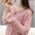 Long-sleeve Open-knit Plain Top