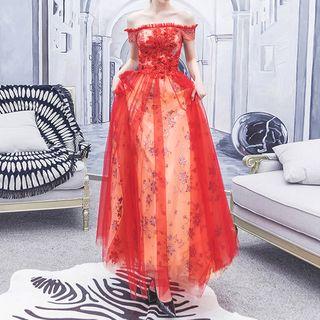 Short-sleeve Off Shoulder Flower Detail A-line Evening Gown
