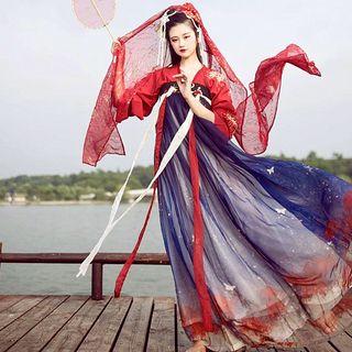 Hanfu Set: Long-sleeve Top + Maxi Dress + Camisole + Light Jacket