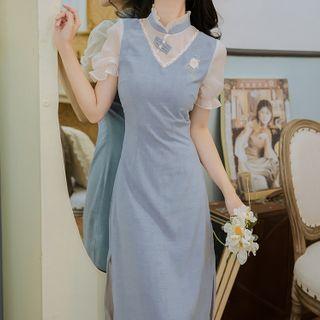 Short-sleeve Mesh Trim Slit Midi Sheath Qipao Dress