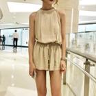 Set: Halter Tank Top + Wide Leg Shorts Set - Almond - One Size