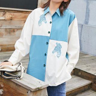 Zebra Embroidered Colo Block Shirt