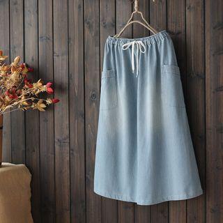 Midi Striped A-line Denim Skirt As Shown In Figure - One Size