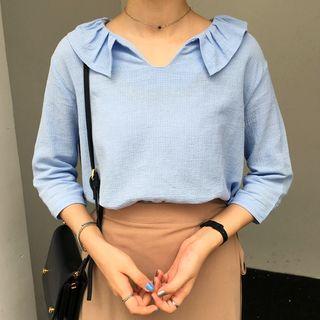 Frill Trim Split Neck Long Sleeve Top