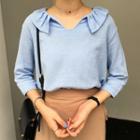 Frill Trim Split Neck Long Sleeve Top