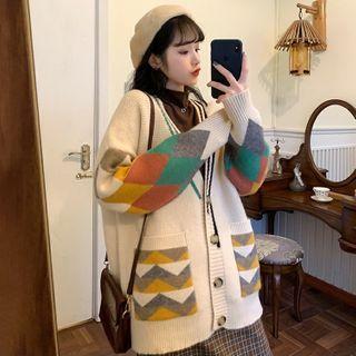 Color-block V-neck Loose-fit Cardigan