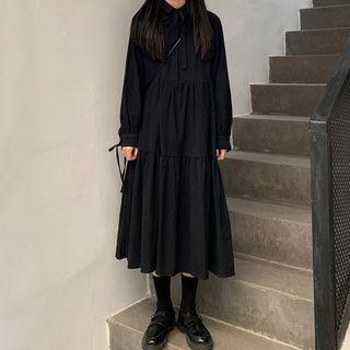 Collared Long-sleeve A-line Midi Dress Black - One Size