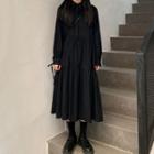 Collared Long-sleeve A-line Midi Dress Black - One Size